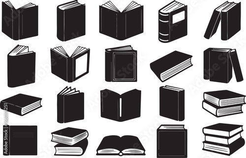 Vector art of set of various book silhouettes for education, literature, and library themes in black and white style