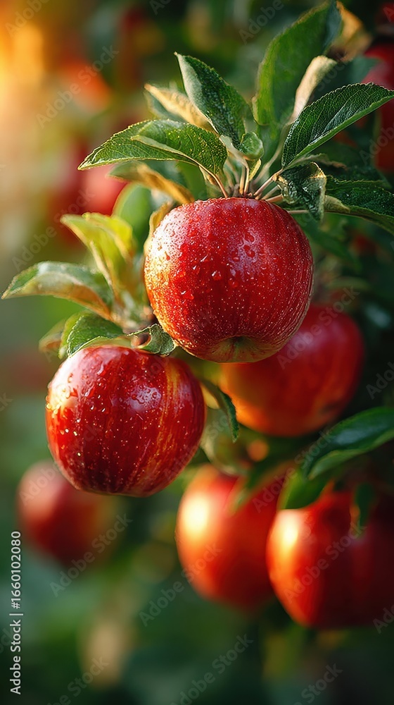 Ripe Red Apples Hanging on Tree Branch with Water Droplets in Orchard Ripe Red Apples Hanging on Tree Branch with Water Droplets in Orchard