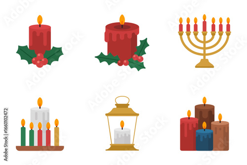 Candle and lantern set, red candles green base, menorah candelabra gold lantern, holiday light icons, seasonal vector clipart, christmas decor elements, cozy winter design collection