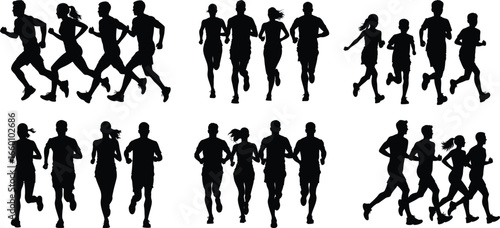 Group of male and female running silhouette vectors.