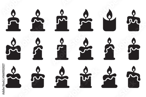 Vector art of set of candle icons with dripping wax, each with a unique shape and size, all featuring a bright flame