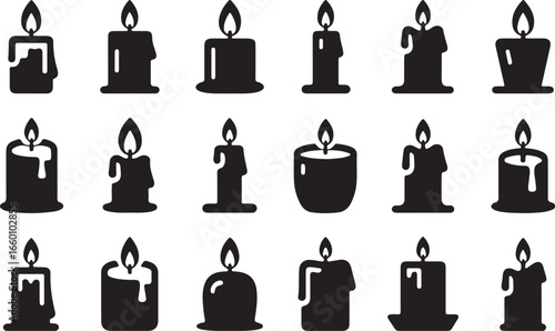 Vector art of collection of candle icons with various shapes and sizes, each featuring a burning flame