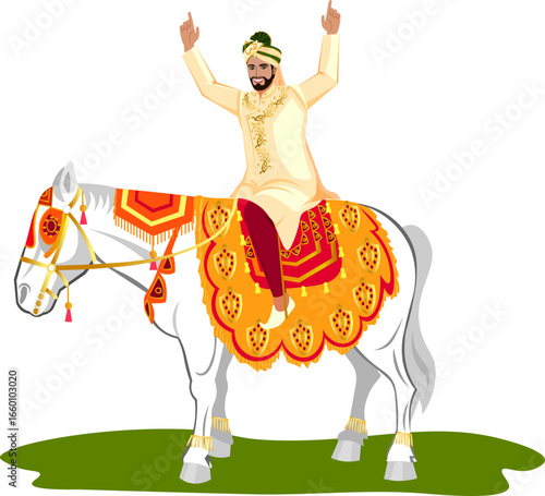 Indian groom on horse wedding