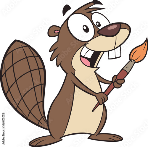 Happy Beaver Artist with Paintbrush Cartoon Illustration