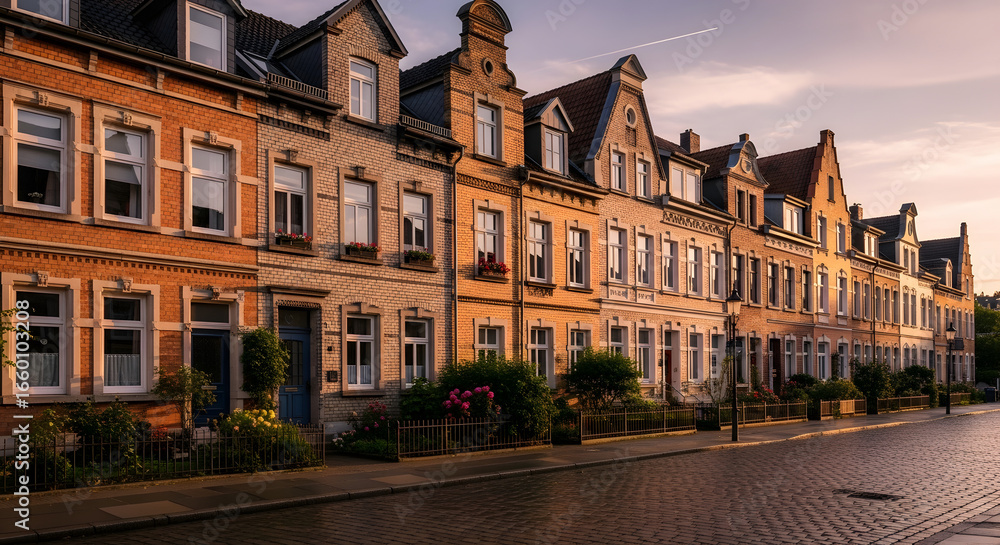 Fototapeta premium Row of brick houses in a european town on a street during daytime