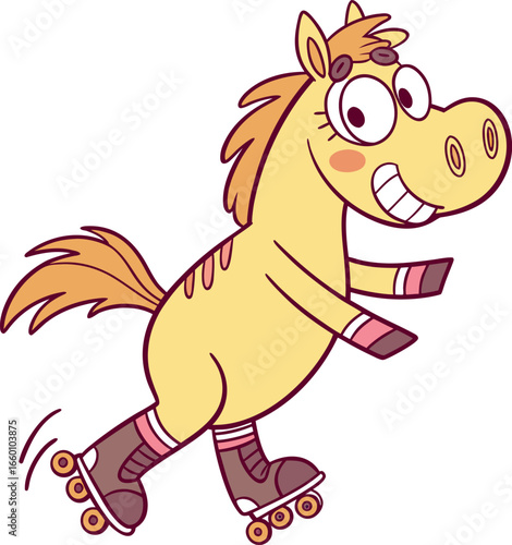 Cute Cartoon Horse Character Riding Roller Skates with Joyful Expression
