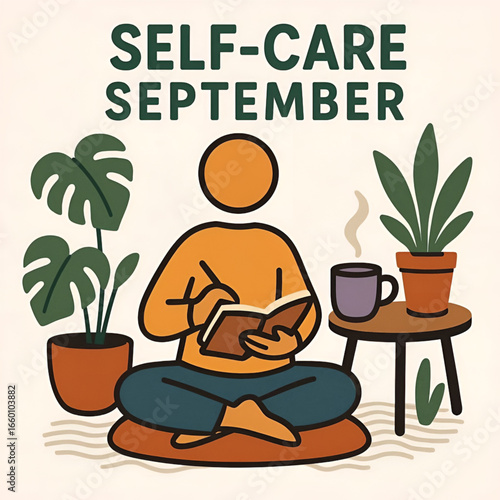 Self Care September Illustration with Person Reading on Cushion and Table with Tea Cup and Potted Plant
