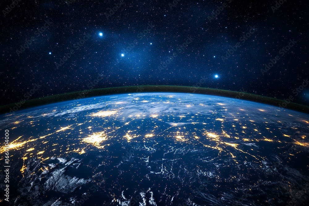 Obraz premium A breathtaking view of Earth from space showcases city lights glowing beneath a stunning sunrise over the horizon.