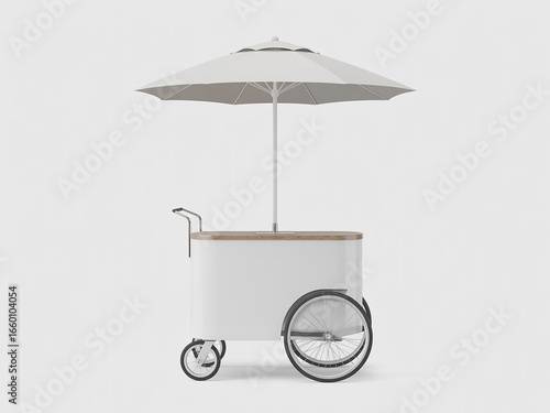 White Mobile Food Cart with Wooden Countertop and Parasol for Outdoor Sales
