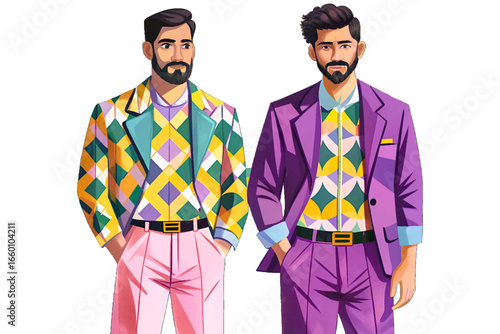Stylish men wearing a bold pink and yellow geometric outfit, modern fashion design, trendy streetwear concept, perfect for editorial, fashion blogs, or branding visuals.