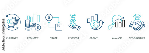 forex outline color banner icon of currency, economy, trade, investor, growth, analysis, stockbroker