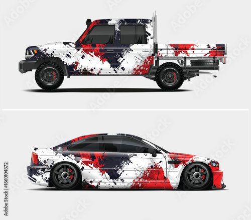 Schilderij op canvas Truck and Sports Car with Abstract Red White and Black Paint Splatter