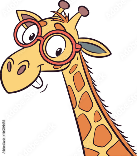 A cheerful cartoon giraffe wearing glasses, a playful and educational character illustration.
