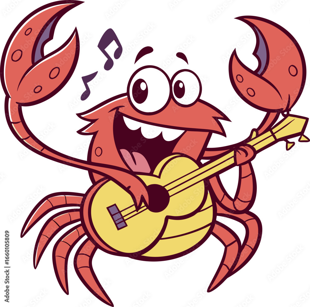 Obraz premium Happy Crab Playing Ukulele Fun Cartoon Illustration