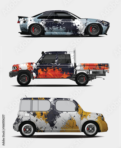 Three Cars with Abstract Paint Splatter Designs in a Stacked Arrangement