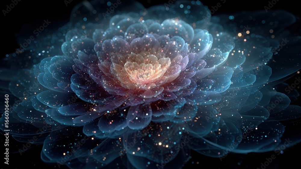 Fototapeta premium Abstract Fractal Flower with Glowing Particles in Blue and Pink Hues