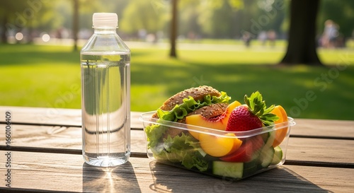 Healthy picnic lunch of a sandwich and fresh fruit salad with a bottle of water on a wooden table