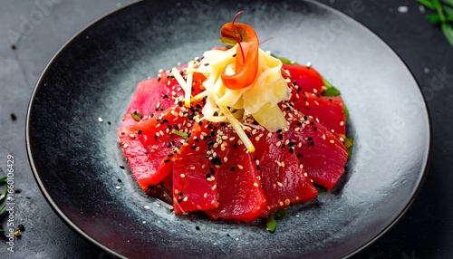 A vibrant display of fresh tuna sashimi, artfully arranged on a dark plate, garnished with sesame seeds, shredded vegetables, and a touch of ginger.