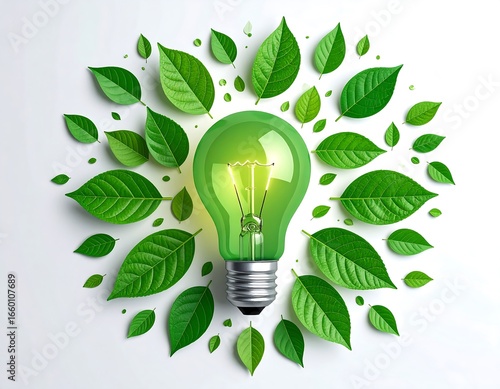 Green light bulb surrounded by leaves