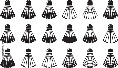 Vector art of collection of badminton shuttlecock illustrations, showcasing various feather arrangements and design variations for sports themes