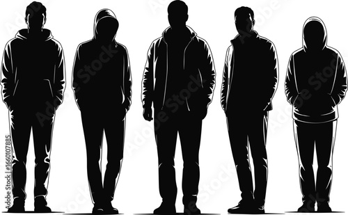 Silhouette of five people in hoodies standing together, group pose, youth fashion, anonymity, urban style, casual wear, street look
