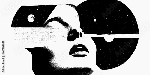 Grunge print of a woman's silhouette. Aged ink shape with speckle texture, rough grit and faded grain. Dusty threshold edge and handdrawn pattern.