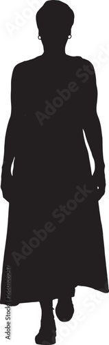 vector,silhouette front view adult woman dressed in long dress walking
