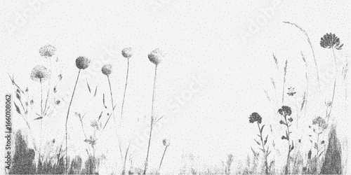 Wild flowers pattern. Grungy form with speckled dots, paper scratches and visible grainy blur. Threshold ink marks.