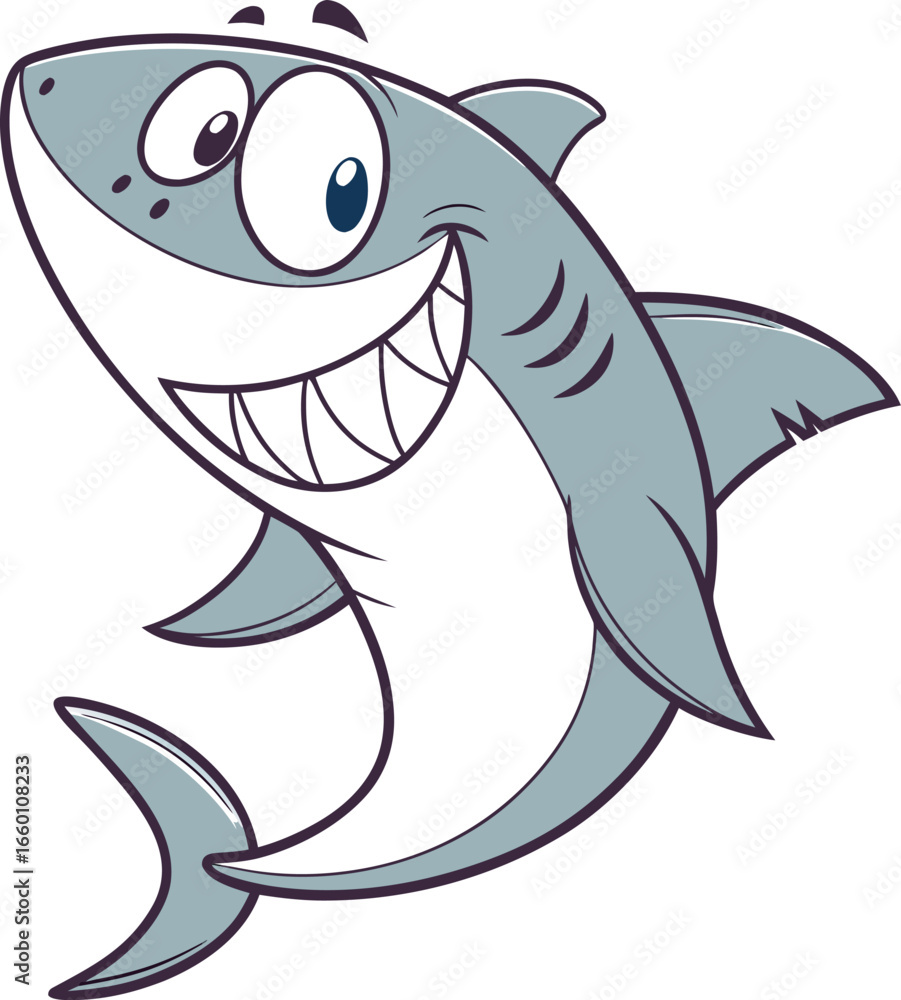 Obraz premium A vibrant and joyful illustration of a friendly cartoon shark with a wide, toothy grin, perfect for kid-friendly designs, mascots, and fun aquatic themes.