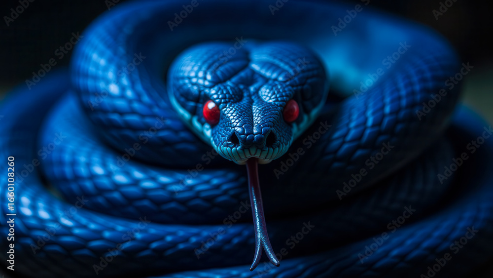 Fototapeta premium Striking Blue Snake with Vibrant Red Eyes in a Close-Up View on a Dark Background
