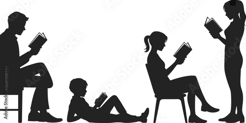 Silhouettes of people reading books, family relaxing indoors, black and white illustration, education, leisure, literature, knowledge, quiet time concept