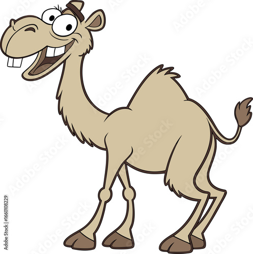A cheerful dromedary camel character with a happy, goofy expression. A cute and funny animal mascot vector illustration isolated on a white background.