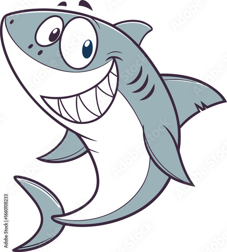 A vibrant and joyful illustration of a friendly cartoon shark with a wide, toothy grin, perfect for kid-friendly designs, mascots, and fun aquatic themes.