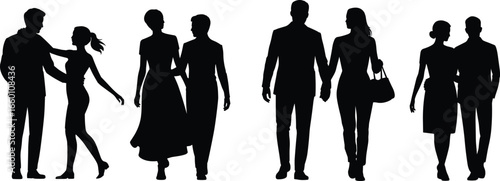 Silhouettes of romantic couples walking, holding hands, standing close, relationship moments, love, dating, connection, intimacy, fashion pose