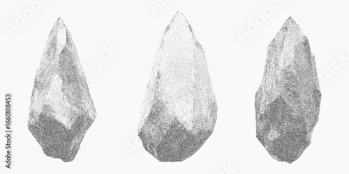 Set of crystals. Bold shape with gritty surface, dust particles and worn threshold edge. Rough grain texture with stipple scratches and faded ink marks.