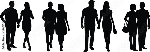 Silhouettes of romantic couples walking, holding hands, standing close, relationship moments, love, dating, connection, intimacy, fashion pose