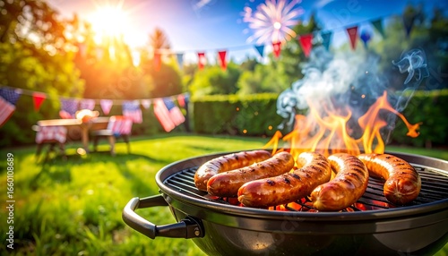 Delicious sausages sizzling on a backyard grill, bathed in golden sunlight, amidst festive decorations.