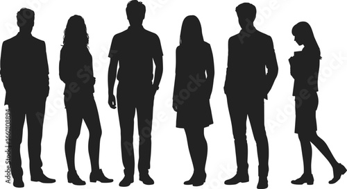 Silhouettes of stylish people in formal and casual wear, standing together, black and white vector illustration, fashion and business concept