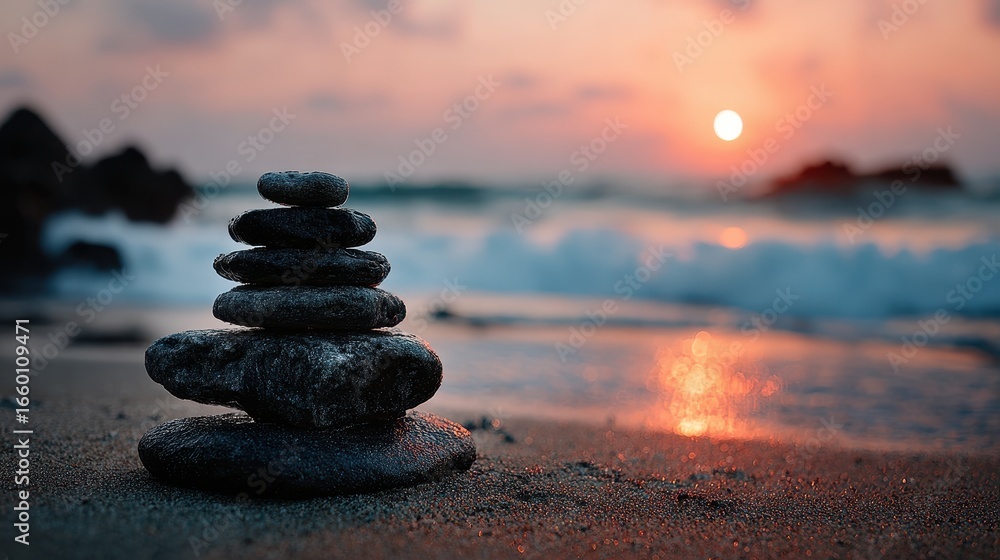 Fototapeta premium Zen Stones Stacked on Sandy Beach at Sunset, Ocean Waves in Background