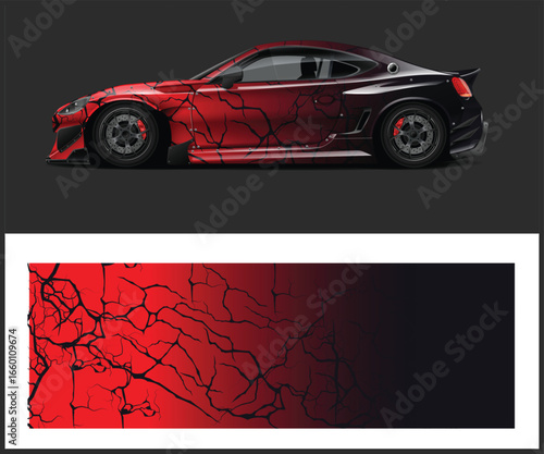 Red and Black Sports Car with Cracked Paint Graphic Design