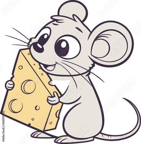 An adorable cartoon mouse character finds happiness holding a giant piece of delicious Swiss cheese. Cute vector animal illustration.