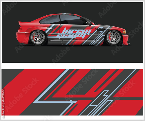 Red Sports Car with Custom Graphic Wrap Design on a Dark Background