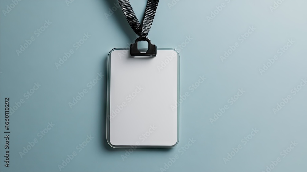 Fototapeta premium Close-up of ID card holder with blank card and attached lanyard, isolated on neutral background, ideal for business, office, or conference mockups