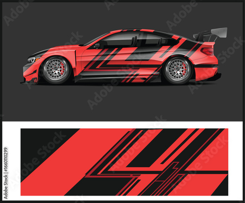 Sleek Red Sports Car with Black Racing Stripes and Matching Graphic Design