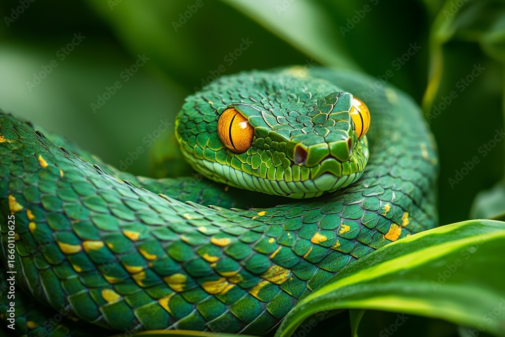 Fototapeta premium A vibrant green snake with striking yellow eyes coiled on a leaf showcases the allure of tropical wildlife.