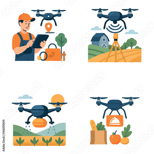 This illustration shows different smart farming drone applications, including GPS navigation, crop monitoring, field surveying, precision irrigation, and food delivery.