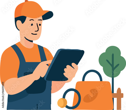 The illustration shows a smiling farmer in an orange cap and overalls using a digital tablet, with agricultural tools and a small tree beside him, symbolizing smart farming and modern agricultural tec