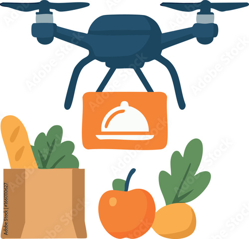 The image shows a drone delivering groceries, with a bag of bread, vegetables, and fruits placed underneath it.
