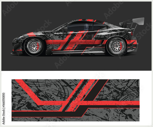 Aggressive Sports Car Wrap Design with Red Accents and Grunge Texture