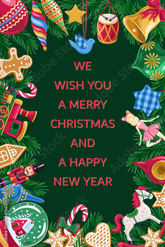 We wish you a merry Christmas and Happy New Year! Christmas toys on green background. Frame, banner, greeting card. Place for your text